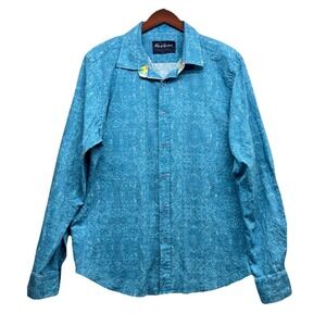 Robert Graham Shirt Men's XL Ocean Blue Turquoise Cotton Linen light Flip Cuff